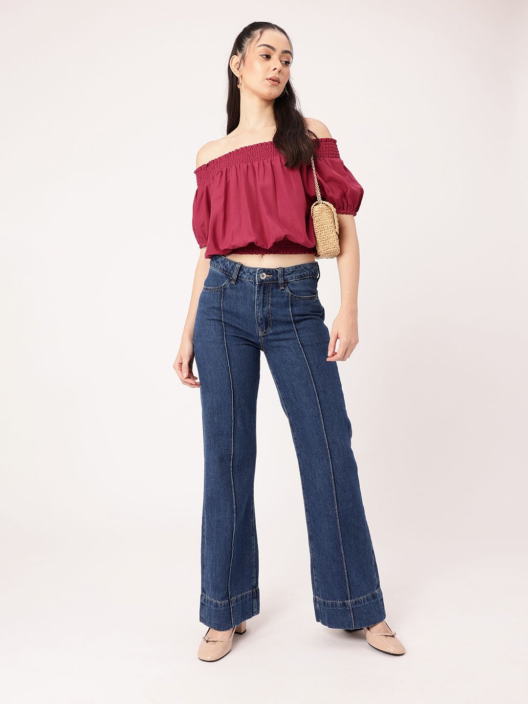 DressBerry Boho Chic Off Shoulder Smocked Blouson Crop Top