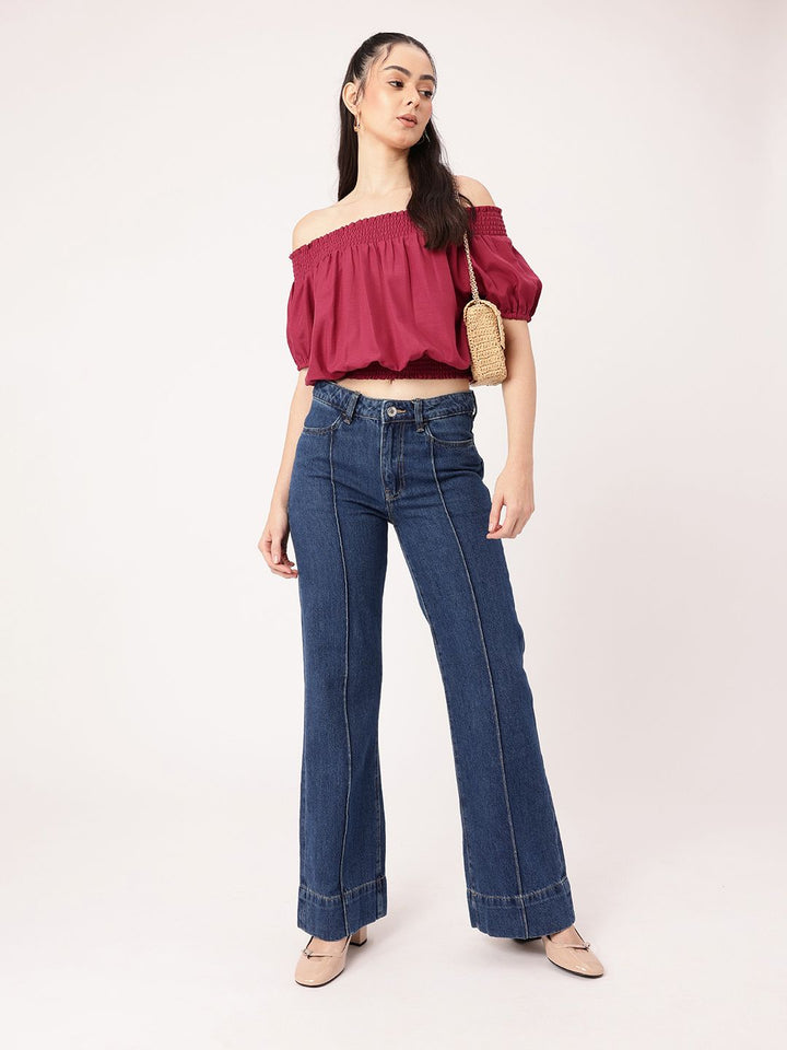 DressBerry Boho Chic Off Shoulder Smocked Blouson Crop Top