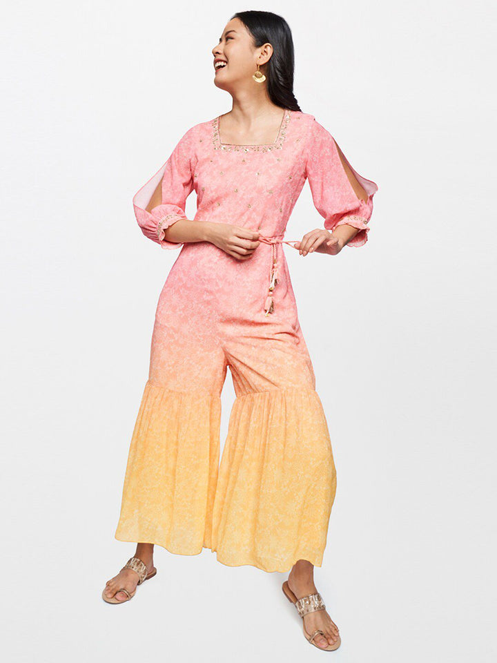 Global Desi Pink & Yellow Printed Basic Jumpsuit