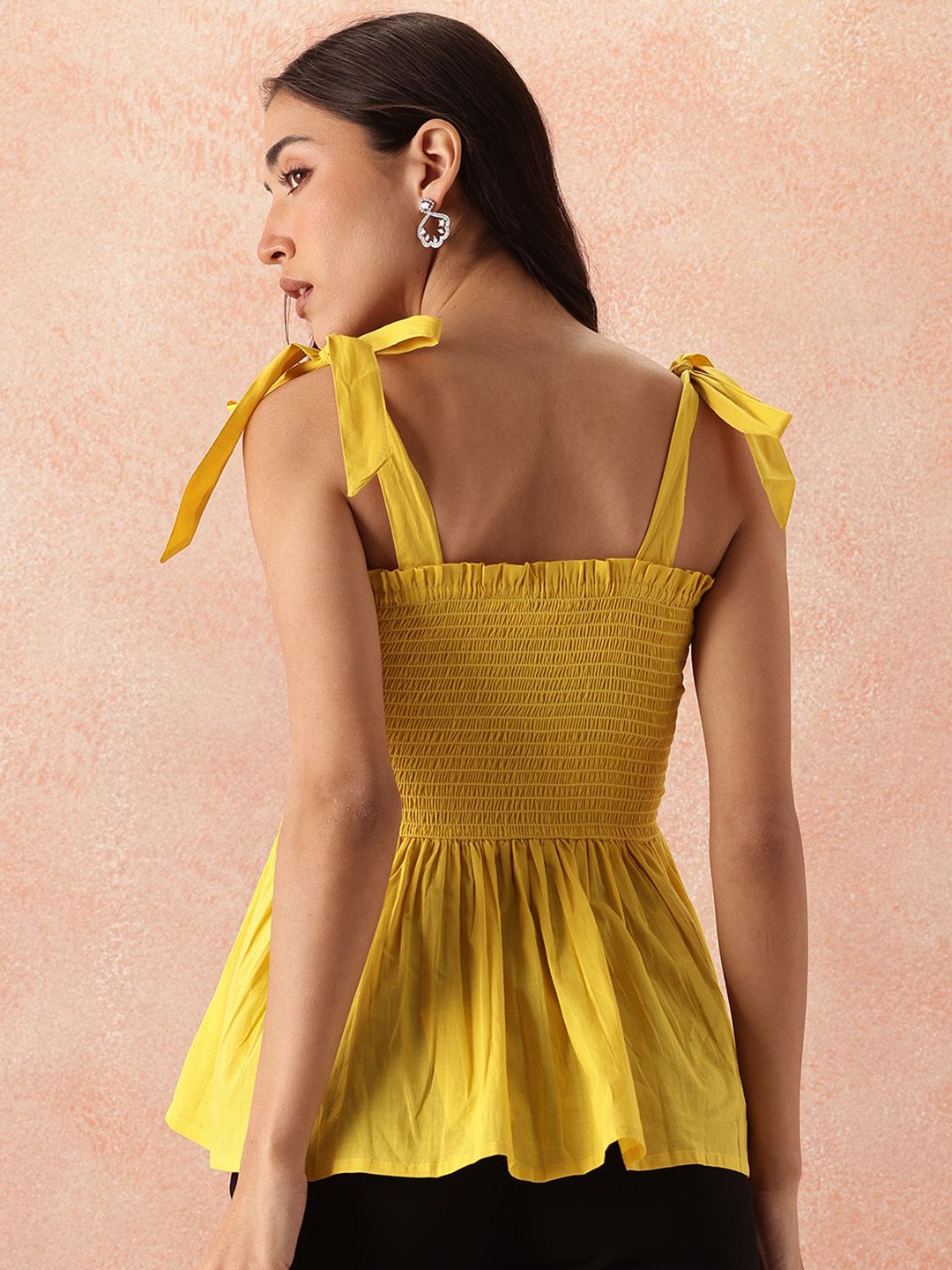 all about you Smocked Effect Tie-Up Detail Shoulder Straps Pure Cotton Peplum Top