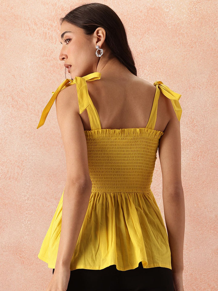 all about you Smocked Effect Tie-Up Detail Shoulder Straps Pure Cotton Peplum Top