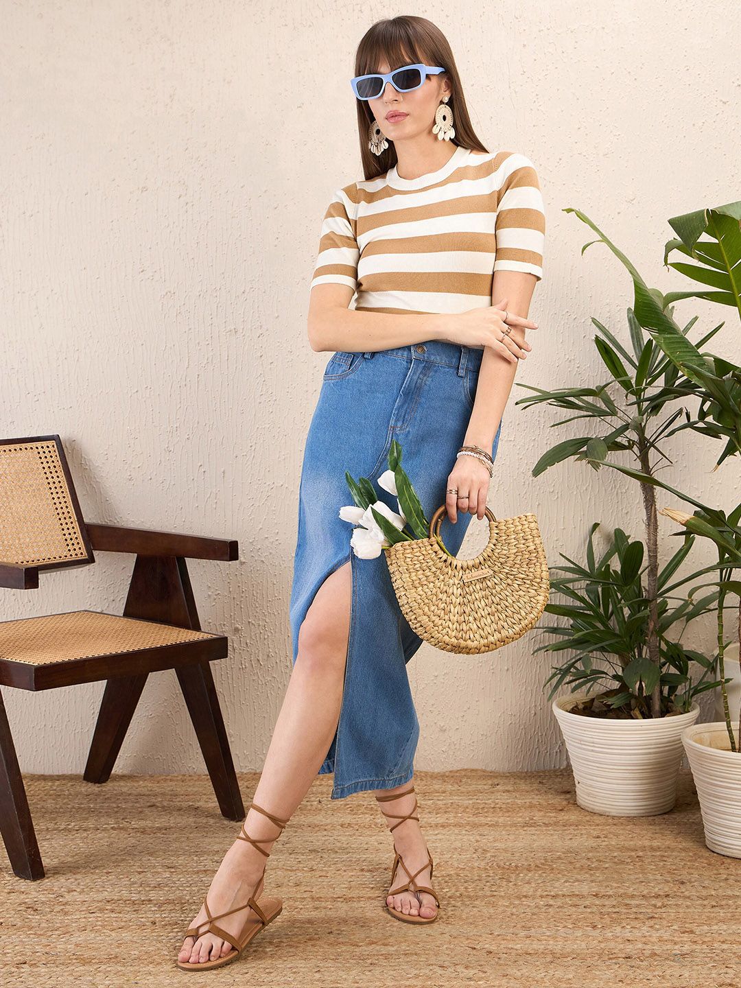 SASSAFRAS Striped Round Neck Crochet Crop Top