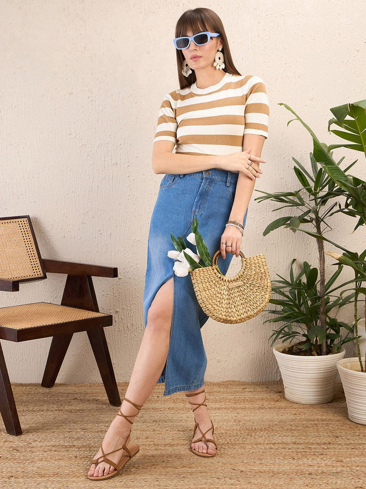 SASSAFRAS Striped Round Neck Crochet Crop Top