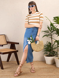 SASSAFRAS Striped Round Neck Crochet Crop Top