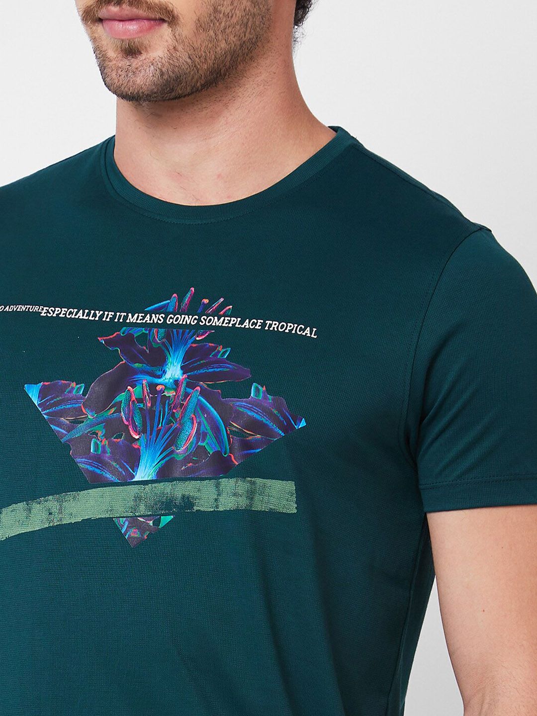 SPYKAR Typography Printed Round Neck Applique Cotton Slim Fit T-shirt
