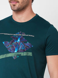 SPYKAR Typography Printed Round Neck Applique Cotton Slim Fit T-shirt