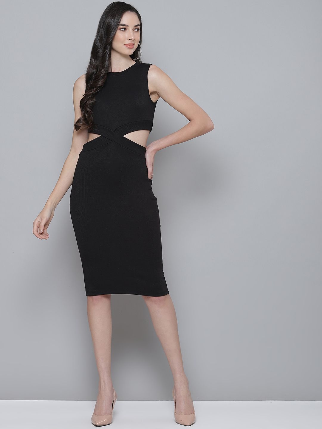 SASSAFRAS Black Ribbed Cut-Out Bodycon Dress