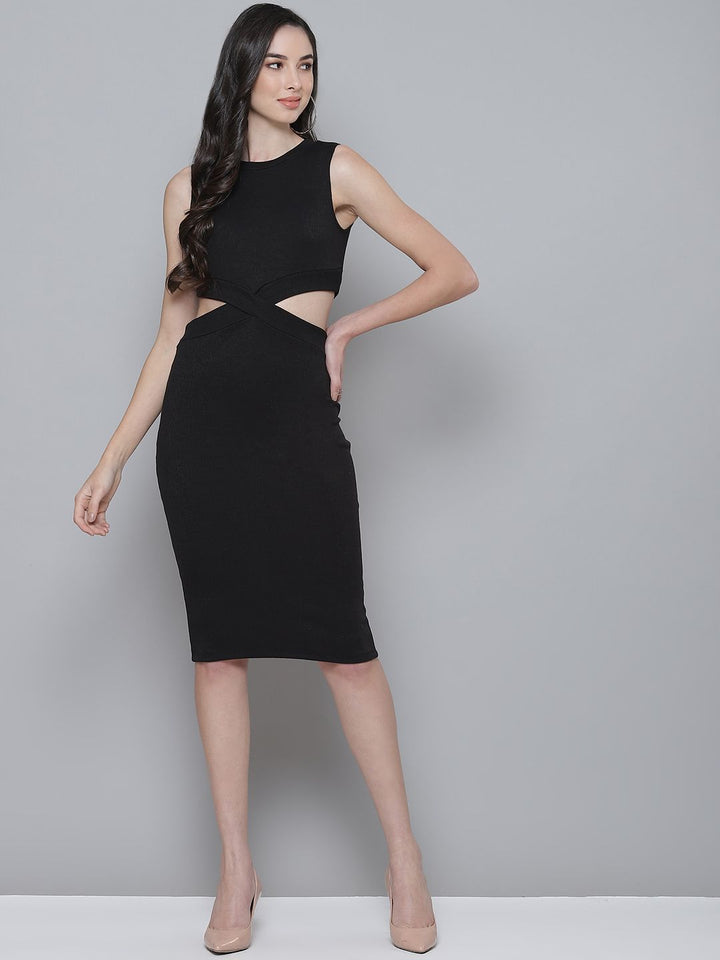SASSAFRAS Black Ribbed Cut-Out Bodycon Dress