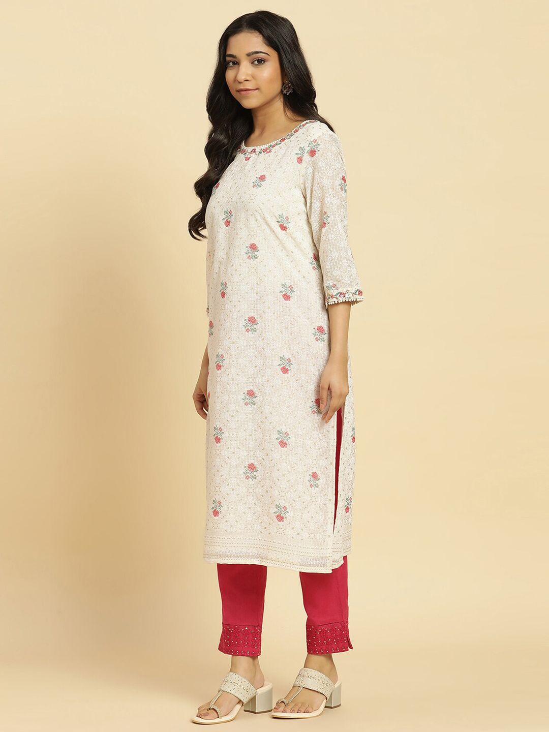 W Off White & Red Floral Printed Thread Work Boat Neck A-Line Kurta