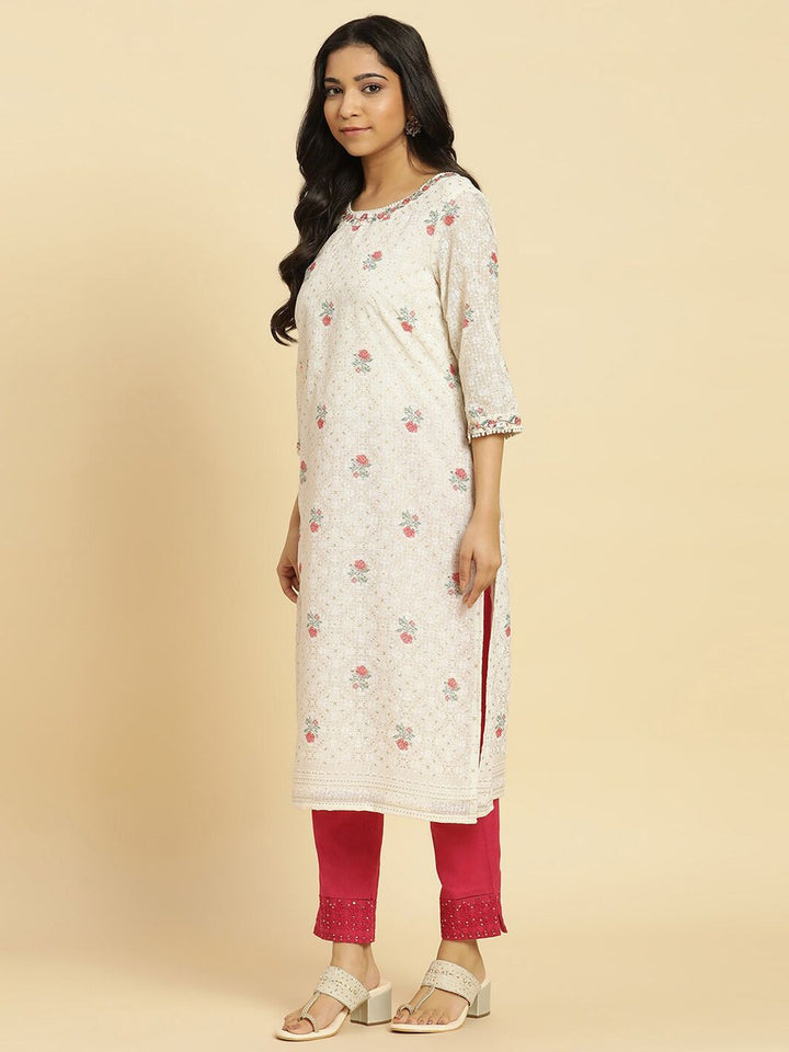 W Off White & Red Floral Printed Thread Work Boat Neck A-Line Kurta
