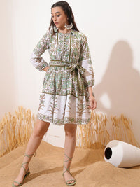 Vishudh Green Floral Printed Puff Sleeve Tie-Ups Fit & Flare Dress With Belt