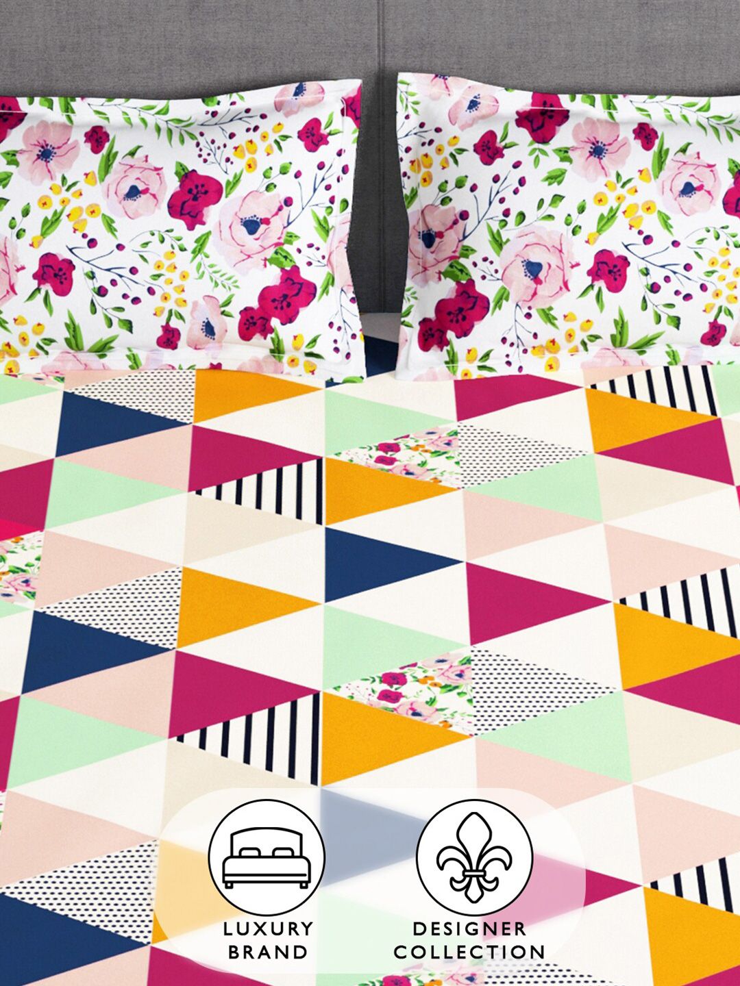 Story@home White & Pink Geometric 180 TC Queen Bedsheet with 2 Pillow Covers