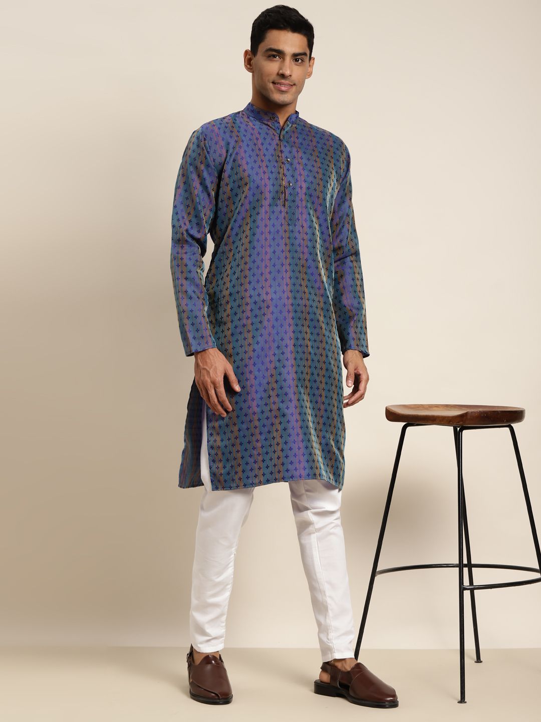 SOJANYA Lelaki Biru & Hijau Motif Etnik Kurta