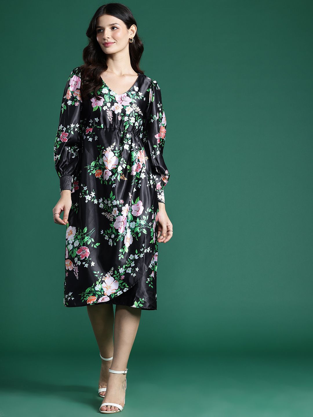 DressBerry Floral Print Satin-Finish A-Line Midi Dress