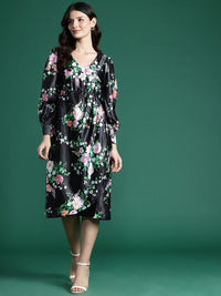 DressBerry Floral Print Satin-Finish A-Line Midi Dress