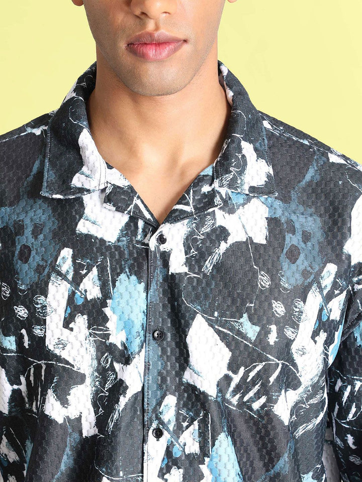 Bene Kleed Men Classic Cuban Collar Abstract Printed Oversized Casual Shirt