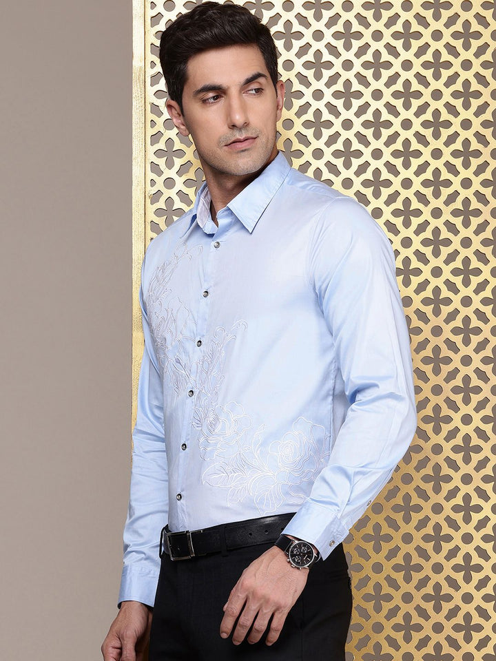 House of Pataudi Pure Cotton Floral Embroidered Opaque Jashn Party Shirt