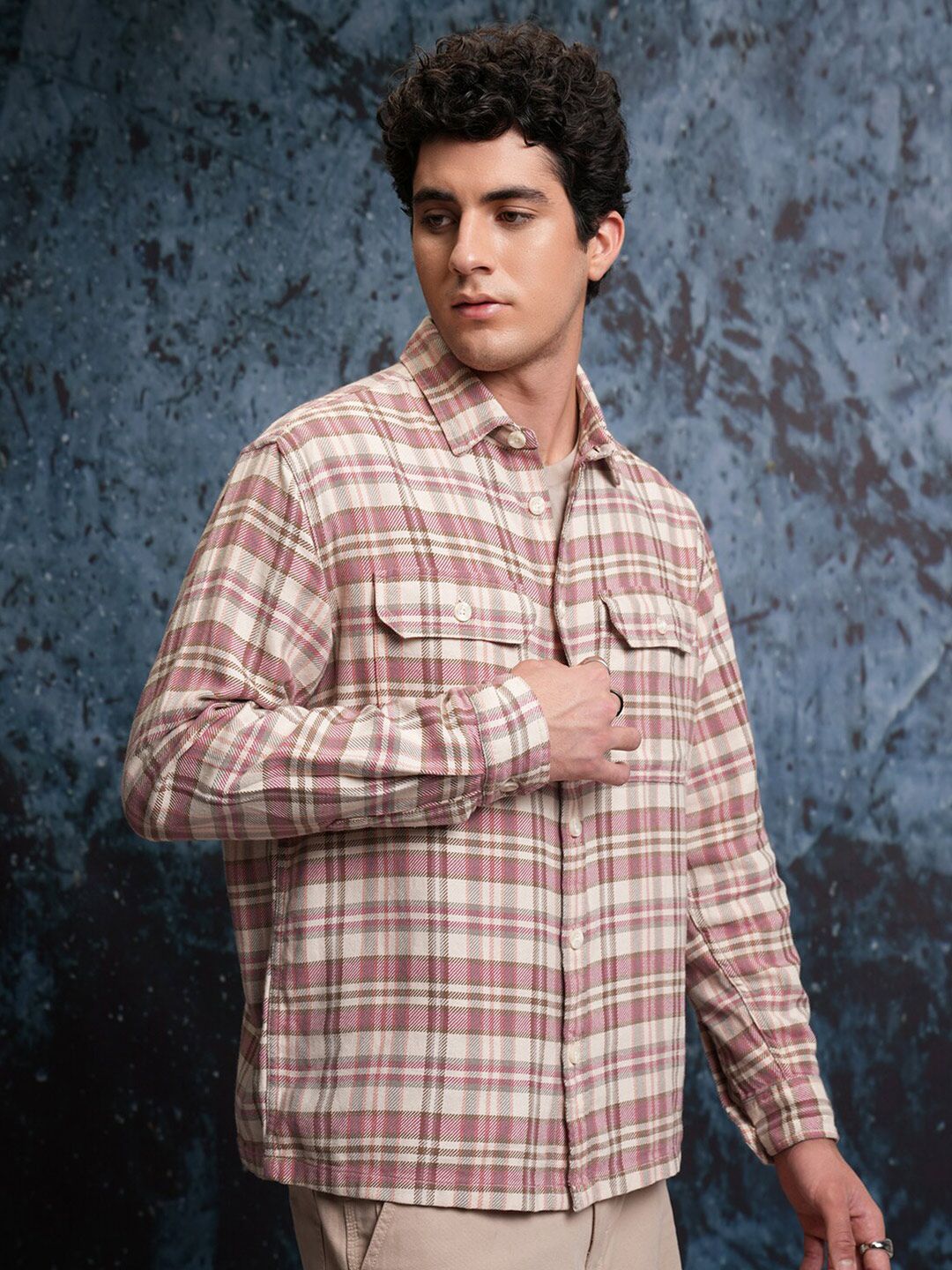 Locomotive Men Pink Dobby Textured Checked Utility Pocket Overshirt
