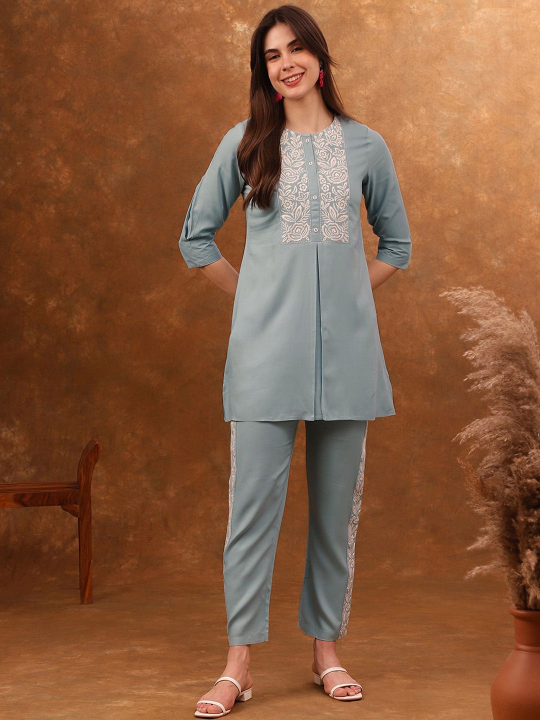 Anouk Blue Embroidered Tunic With Trousers Co-Ords