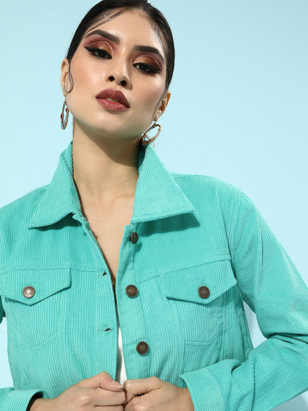 SASSAFRAS Women Green Corduroy Crop Trucker Jacket