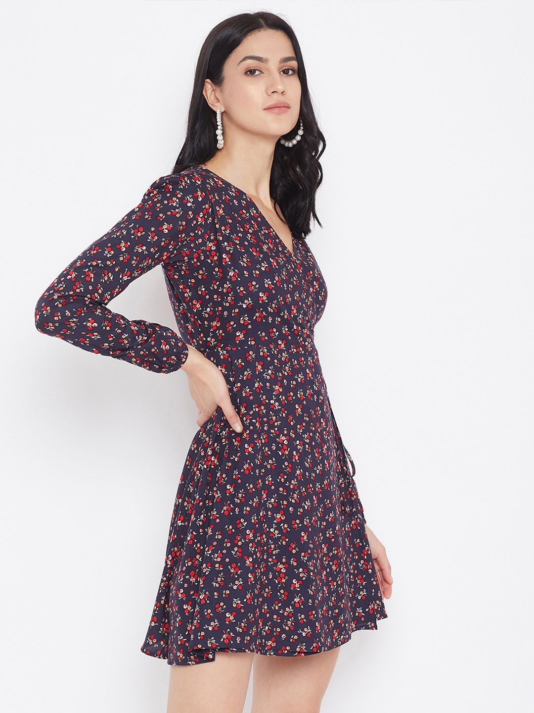 Berrylush Navy Blue Floral Printed Fit and Flare Dress