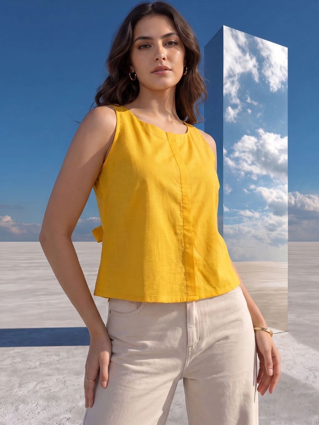 Mamicha Women's Woven Back Tie-Up Cut-Out Round Neck Sleeveless Top