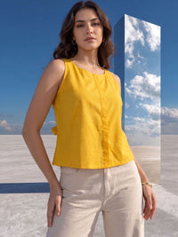 Mamicha Women's Woven Back Tie-Up Cut-Out Round Neck Sleeveless Top