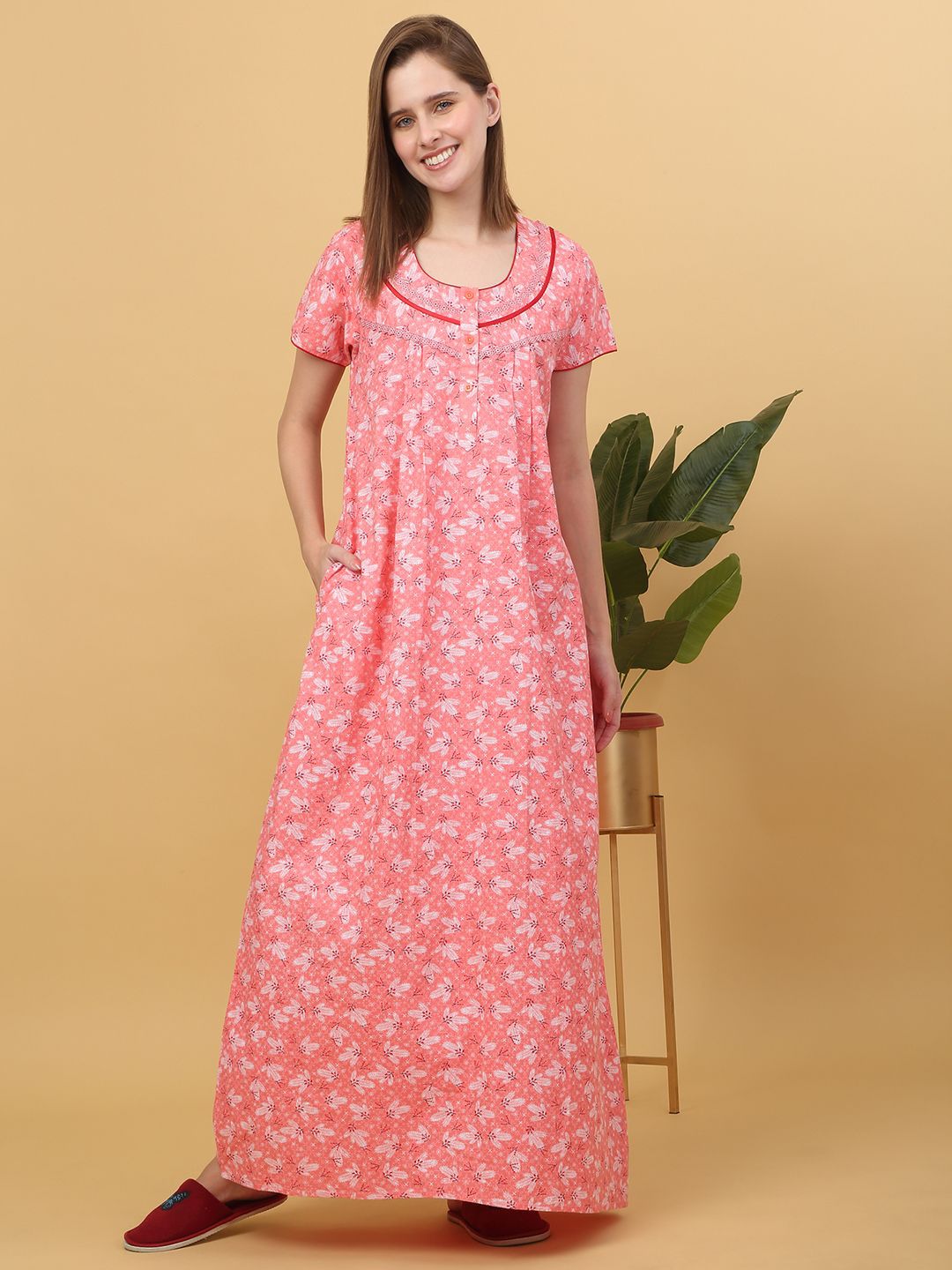 Sweet Dreams Women Floral Printed Pure Cotton Maxi Nightdress