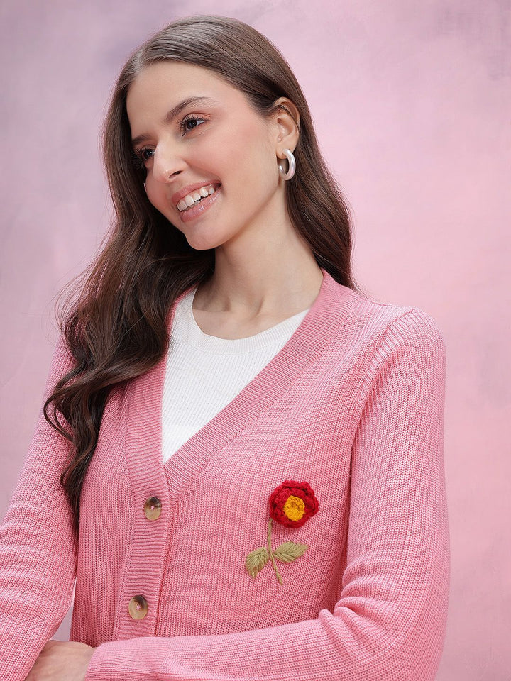 DressBerry Women Ribbed Floral Crochet Acrylic Cardigan