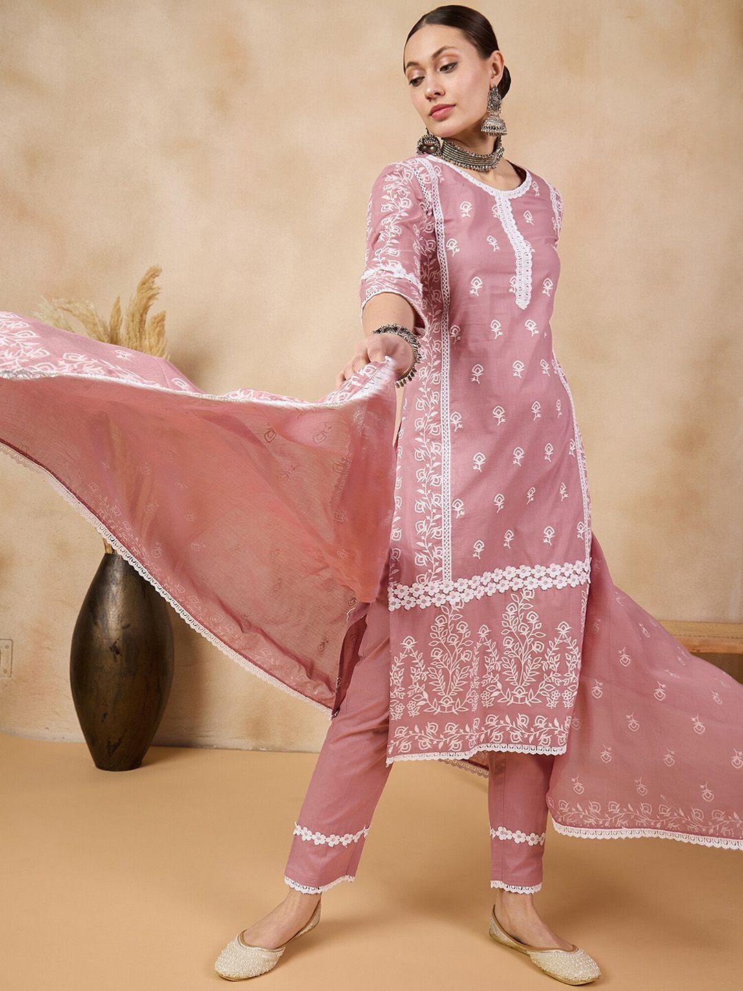 Anouk Floral Printed Round Neck Three-Quarter Sleeves Pure Cotton Kurta St