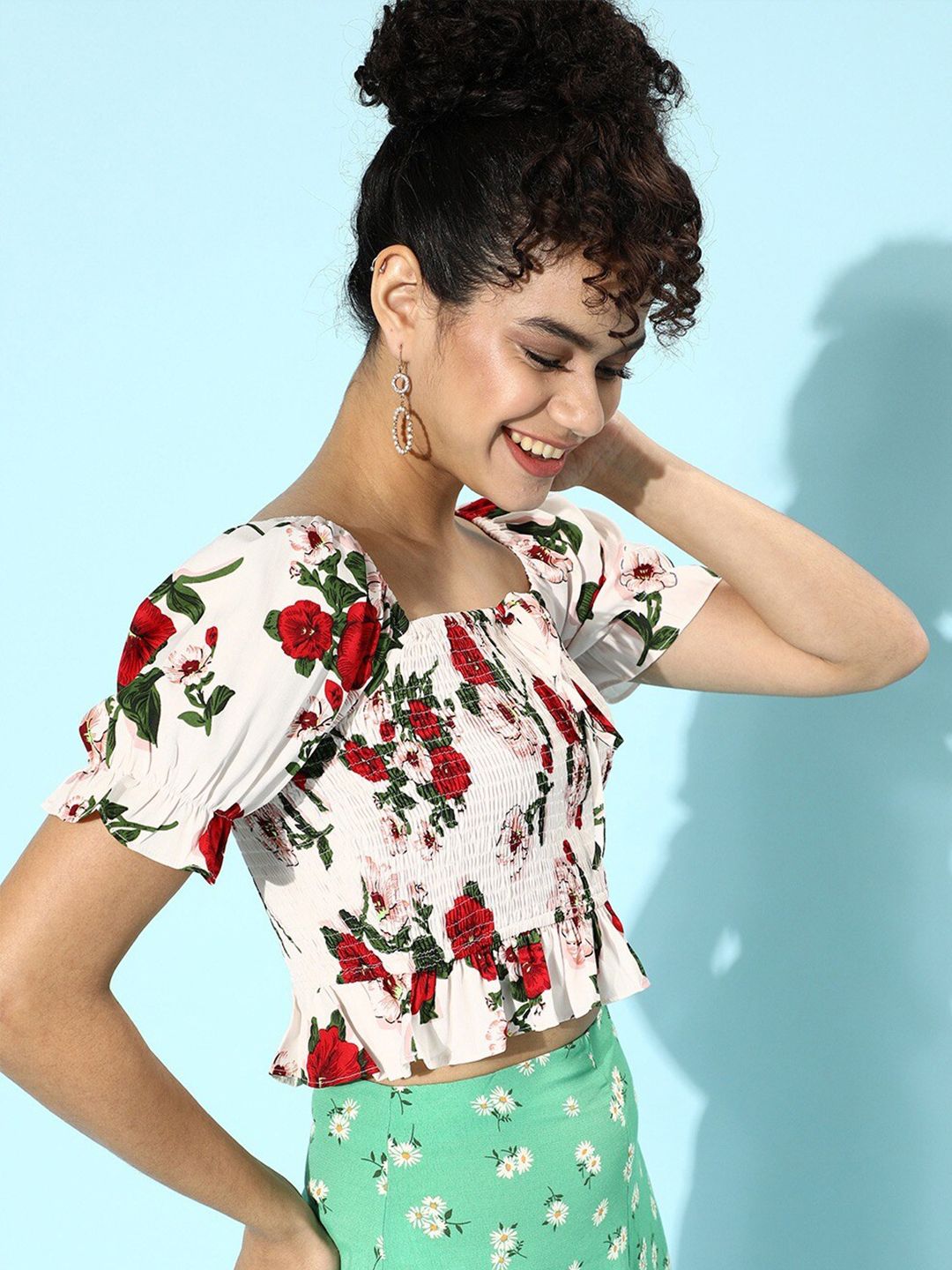 Berrylush Woman White Floral Print Crepe Bardot Top