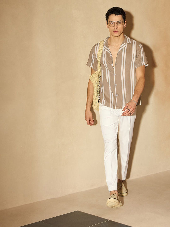 DENNISON Vertical Striped Printed Cuban Collar Smart Casual Shirt
