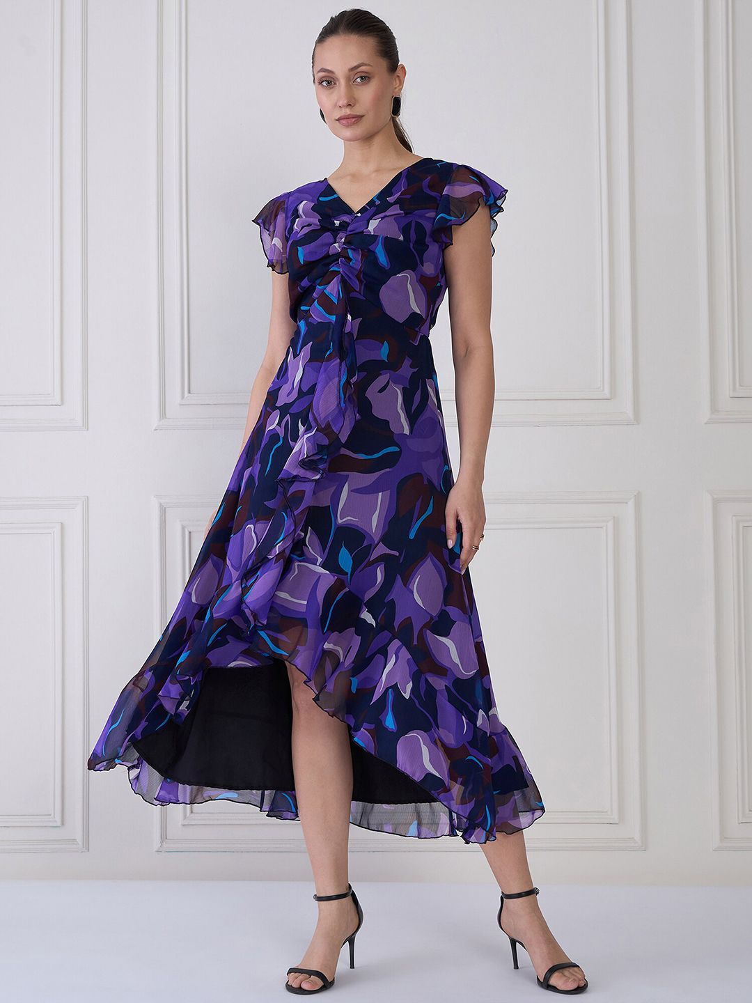 Antheaa Women Floral Print Flutter Sleeve Fit & Flare Midi Dress