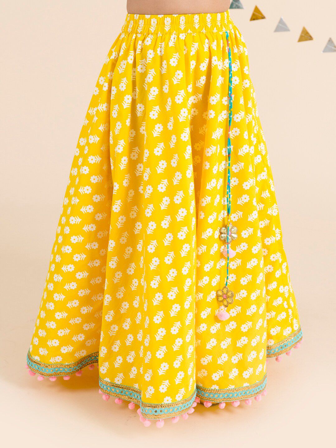 pspeaches Girls Yellow & Turquoise Blue Printed Ready to Wear Lehenga & Blouse With Dupatta