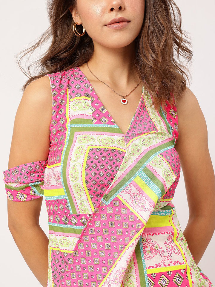 DressBerry Glam & Grit Ethnic Printed Sleeveless Layered & Pleated Wrap Mini Dress