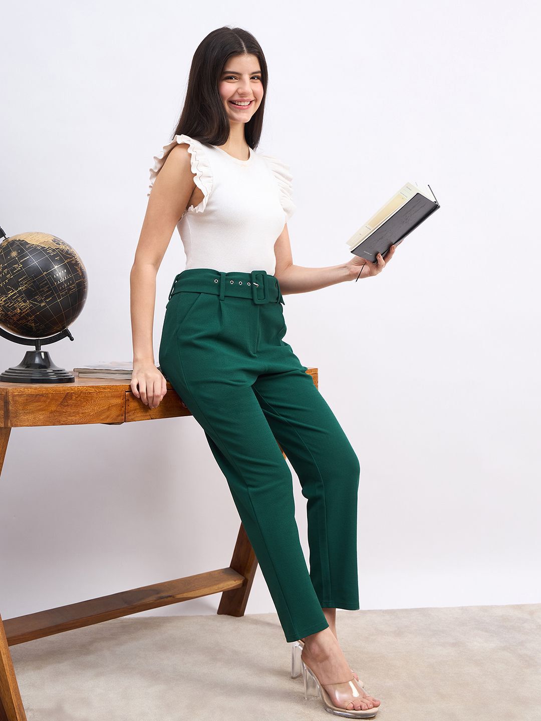 Berrylush Women High-Rise Slim Fit Formal Trousers Comes with a belt