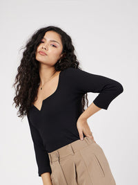 SASSAFRAS Black Ribbed Scoop Neck Fitted Top