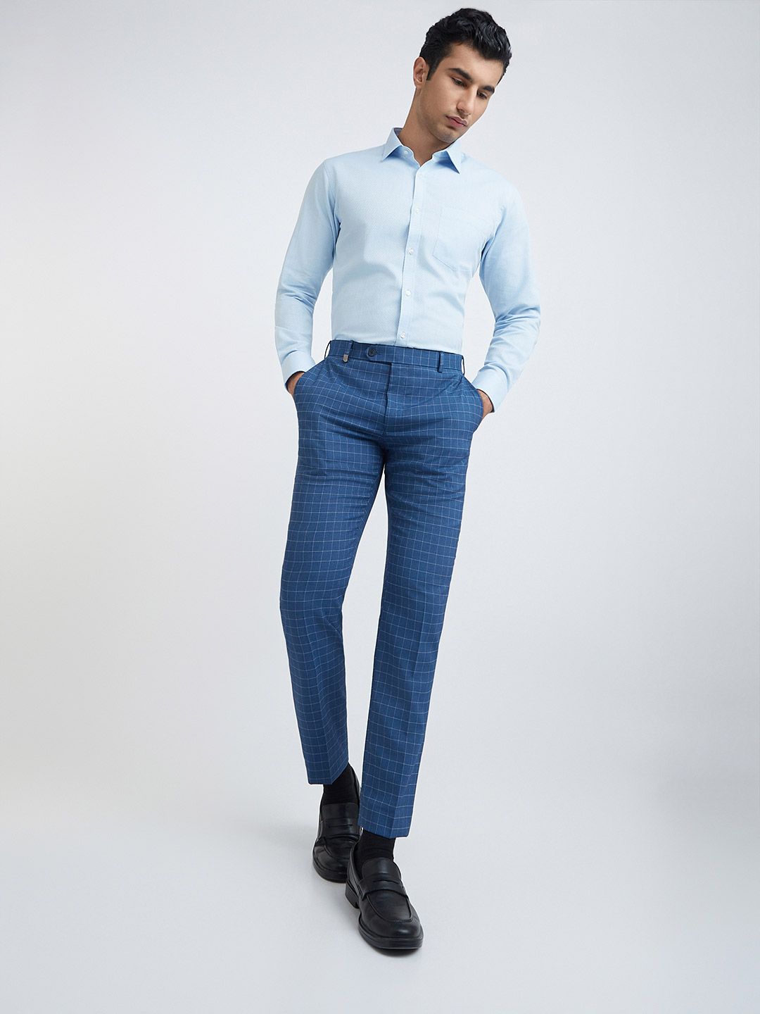 Park Avenue Men Blue Checked Slim Fit  Formal Trouser