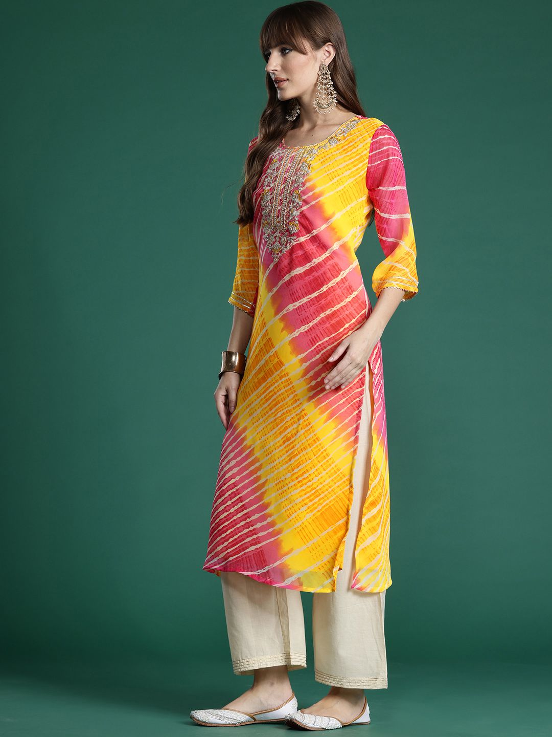 Indo Era Leheriya Embroidered Georgette Kurta