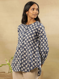 Folk Song  Floral Printed Round Neck Cuffed Sleeves Cotton Top