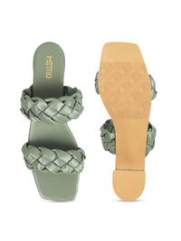Metro Green Textured Synthetic Regular Height Block Mules