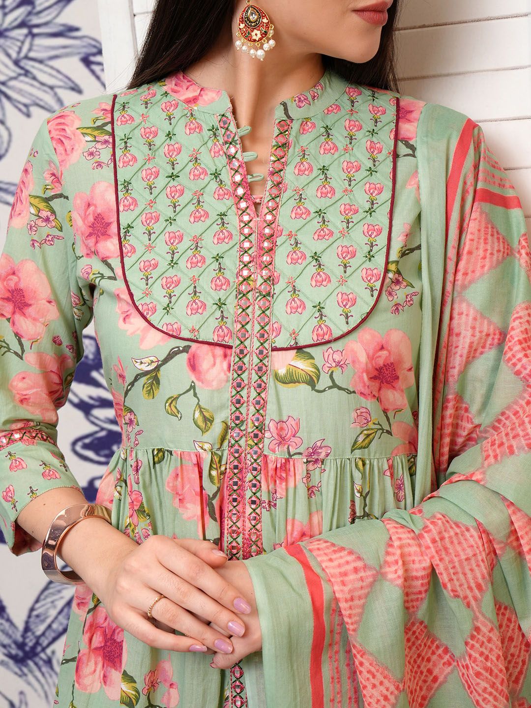 Vishudh Green Floral Printed Mirror Work Pure Cotton Kurta With Trousers & Dupatta