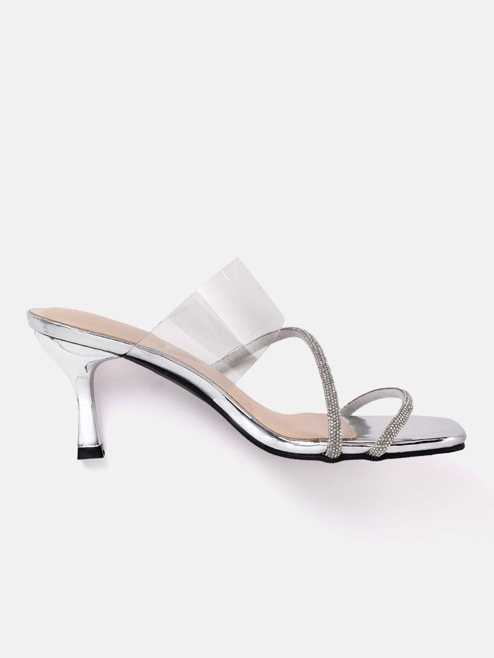 Lino Perros Silver-Toned Embellished Party Slim Heeled Sandals