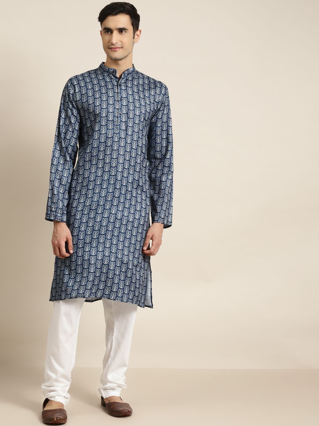 SOJANYA Lelaki Biru Laut & Putih Motif Etnik Bercetak Kurta Kapas Tulen