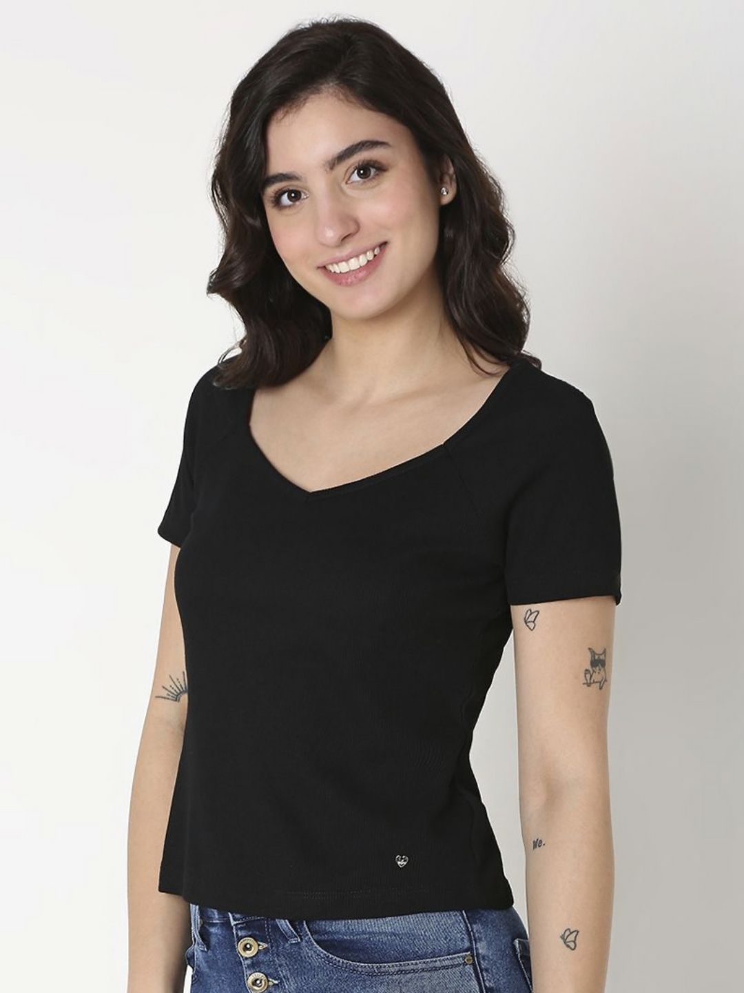 SPYKAR Women Solid V-Neck Cotton Slim Fit T-Shirt
