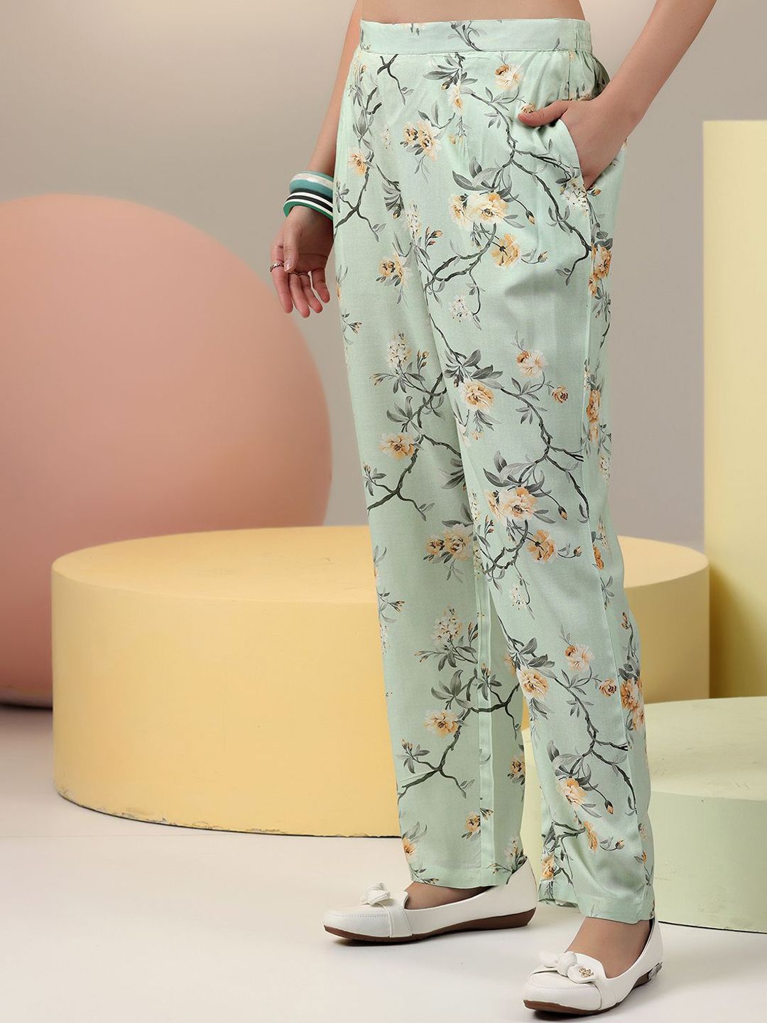 Libas Sea Green Floral Printed V-Neck Tunic With Palazzo