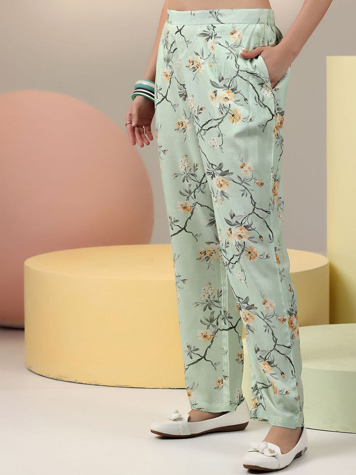 Libas Sea Green Floral Printed V-Neck Tunic With Palazzo