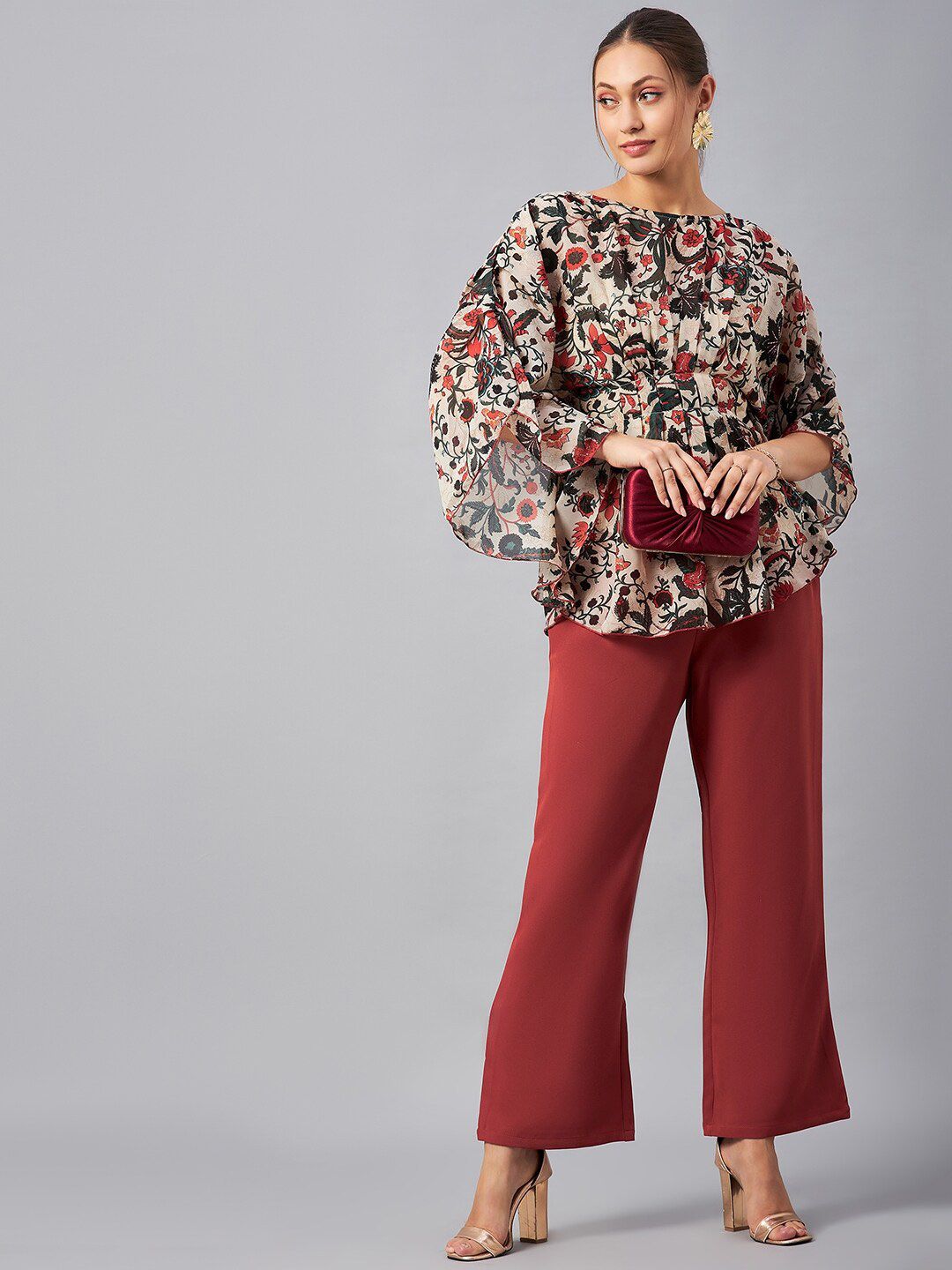 Antheaa Floral Printed Boat Neck Tunic With Trousers