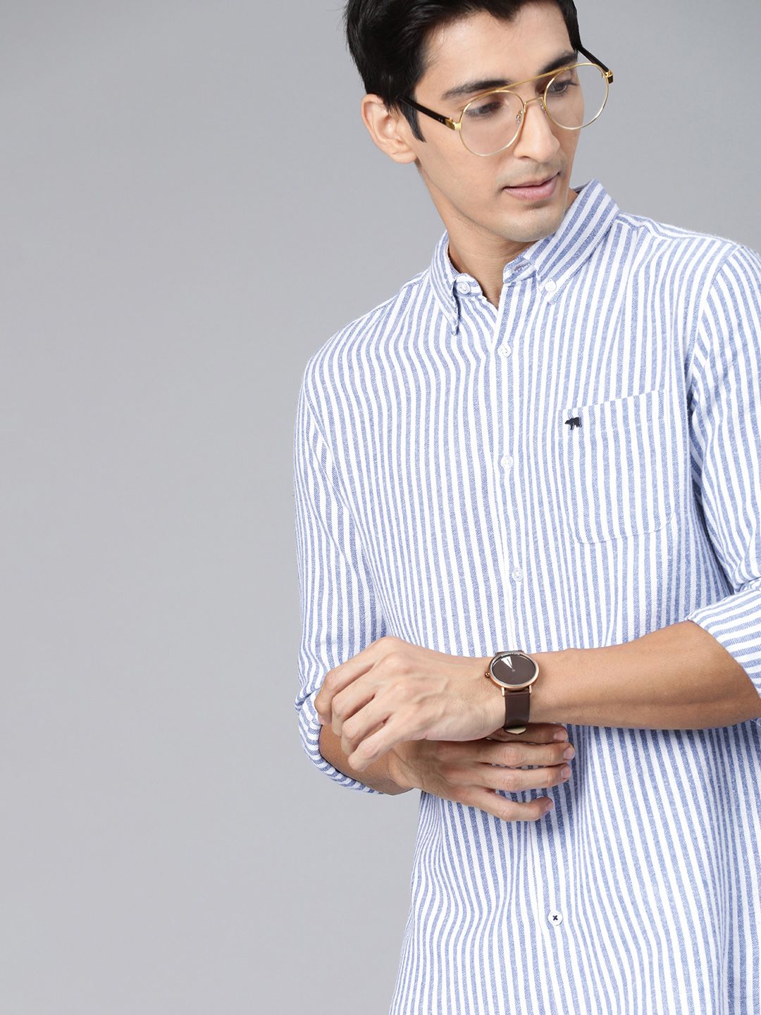 THE BEAR HOUSE Men Blue & White Slim Fit Striped Casual Shirt