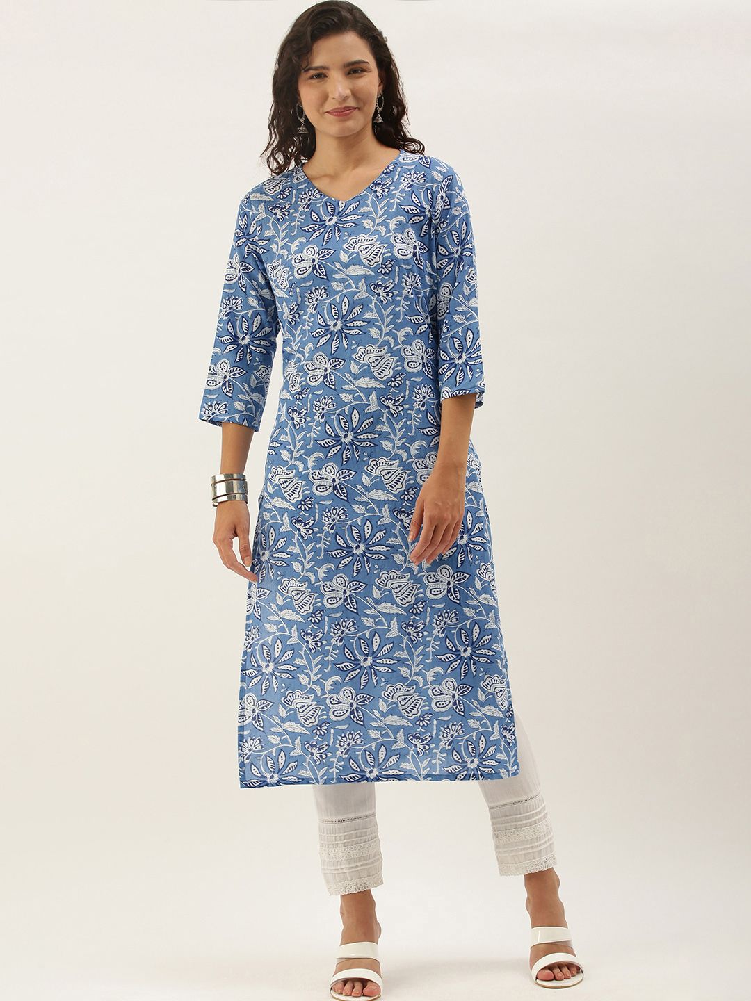 Anouk Women Blue & White Ethnic Motifs Printed Kurta